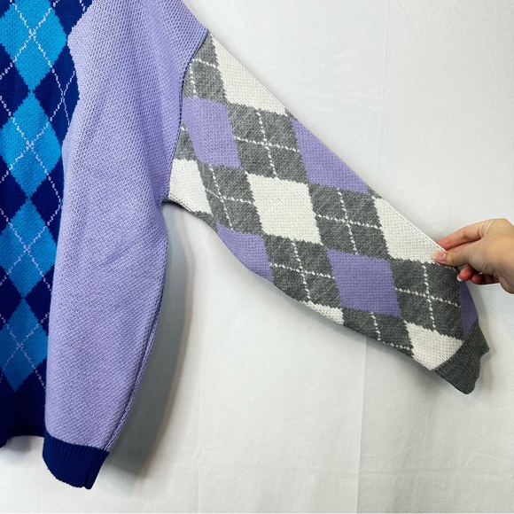 ASOS Preppy Sweater Argyle Purple Knit Stretch Designer Casual Academia Men’s - Picture 3 of 9